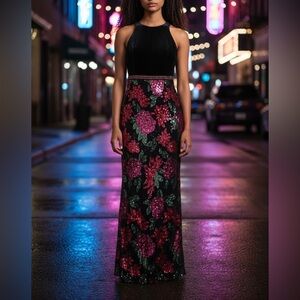 Envious Couture Velvet Halter Prom Gown Black Multi Floral Sequin Mermaid 2